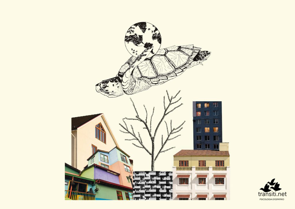 immagine color sepia di una tartaruga, delle case e un albero