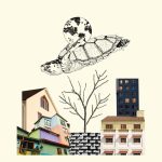 immagine color sepia di una tartaruga, delle case e un albero